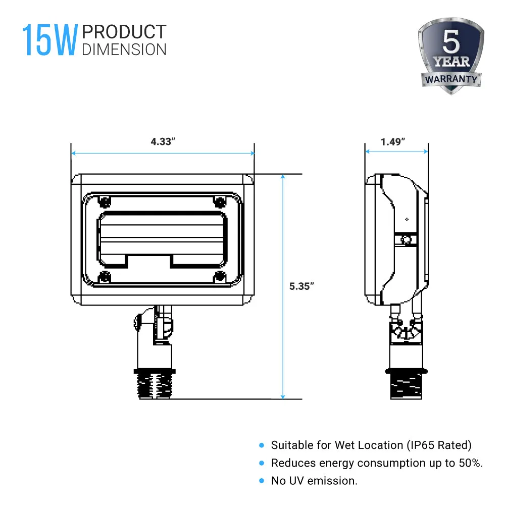 15W LED Flood Light - 100W Equivalent - Knuckle Mount - 1635 Lumens - 5700K Bronze Exterior Security Lights
