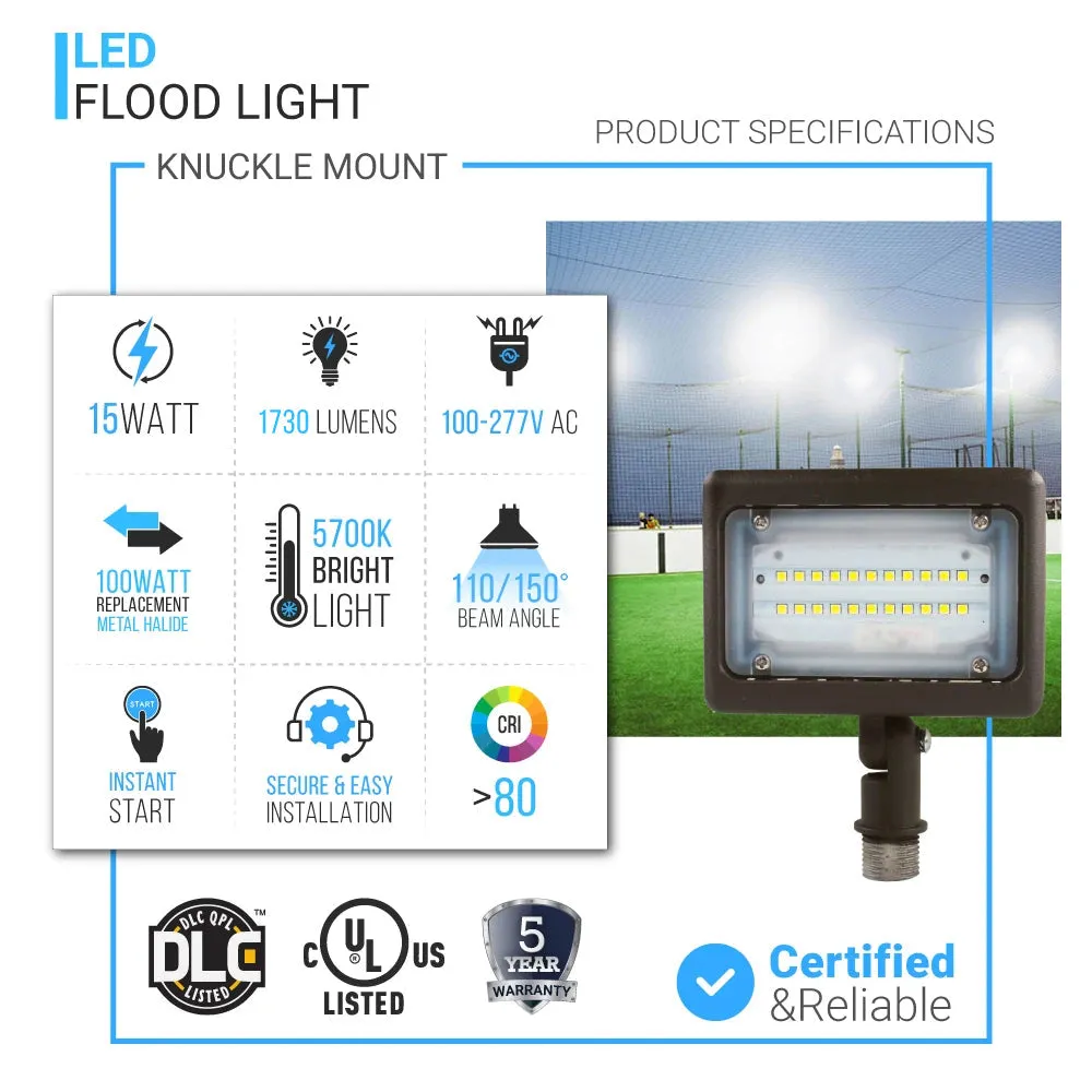 15W LED Flood Light - 100W Equivalent - Knuckle Mount - 1635 Lumens - 5700K Bronze Exterior Security Lights