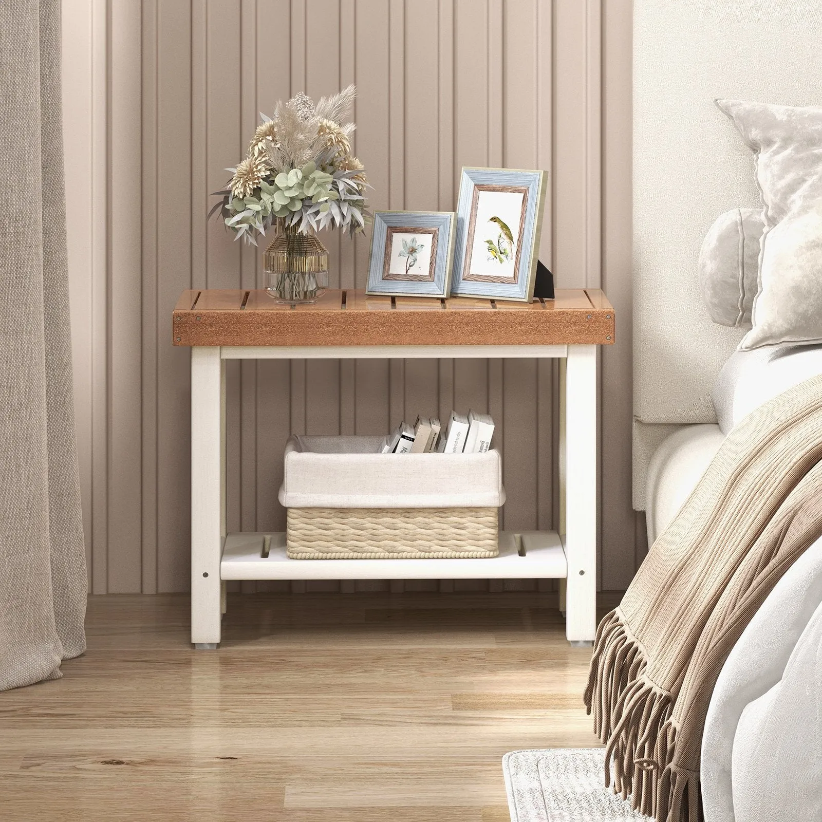 2-Tier Waterproof HDPE Bathroom Shower Stool with Storage Shelf-Brown