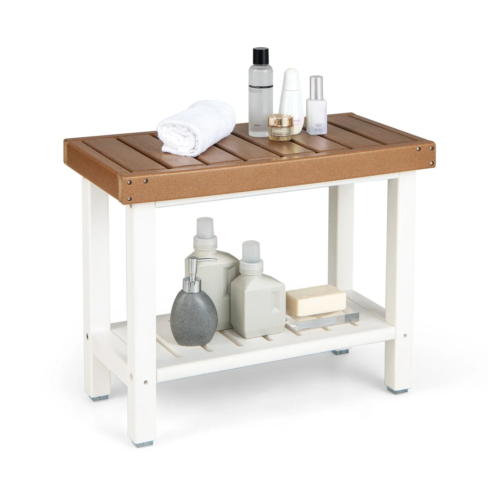 2-Tier Waterproof HDPE Bathroom Shower Stool with Storage Shelf-Brown