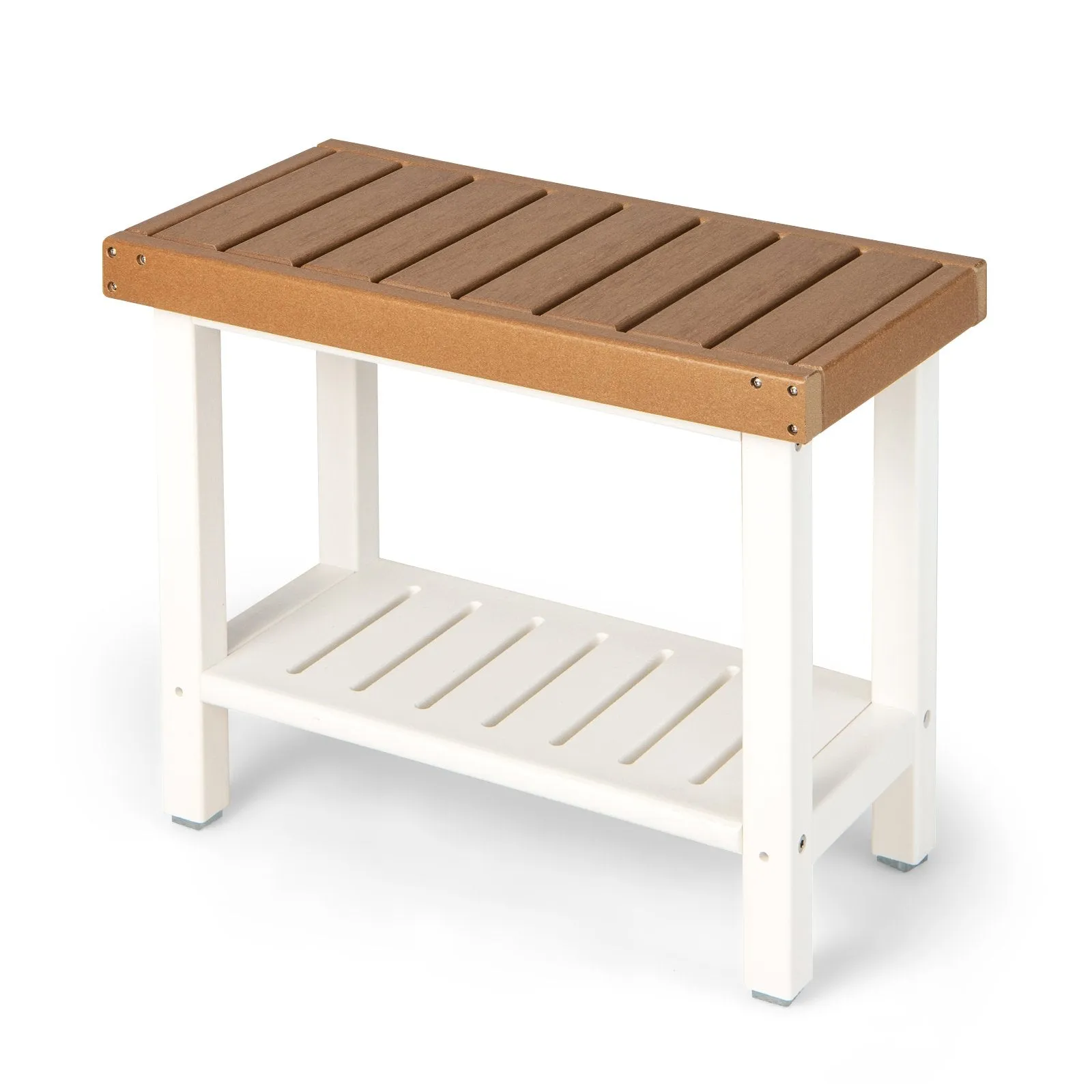 2-Tier Waterproof HDPE Bathroom Shower Stool with Storage Shelf-Brown