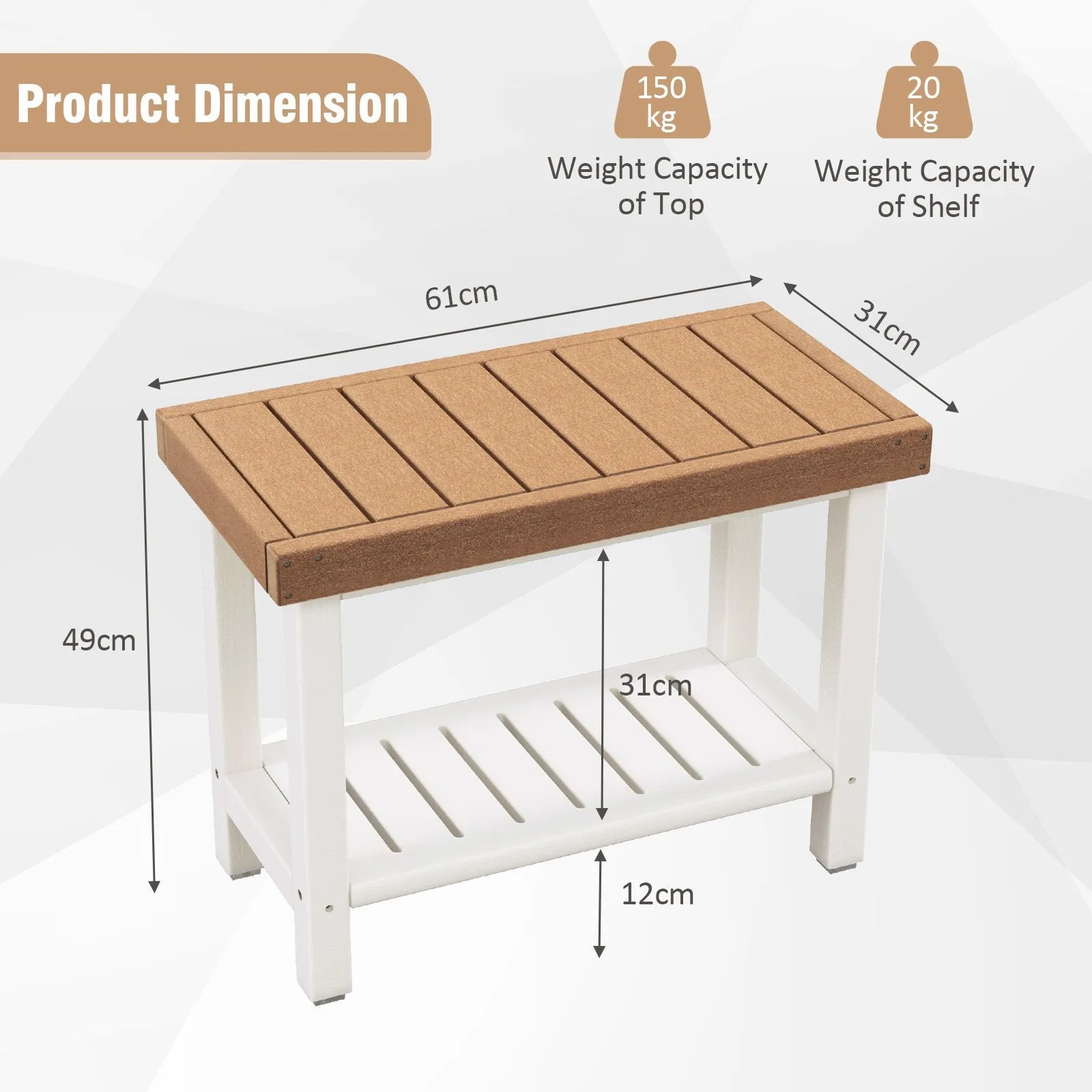 2-Tier Waterproof HDPE Bathroom Shower Stool with Storage Shelf-Brown