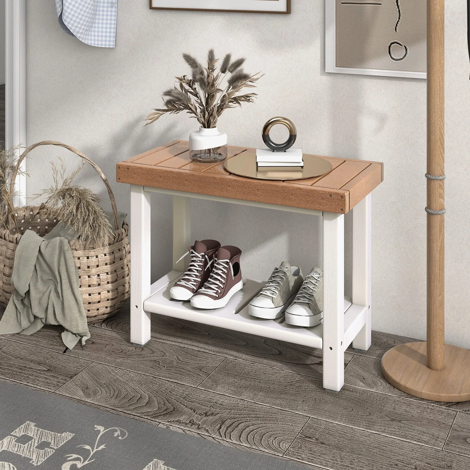 2-Tier Waterproof HDPE Bathroom Shower Stool with Storage Shelf-Brown