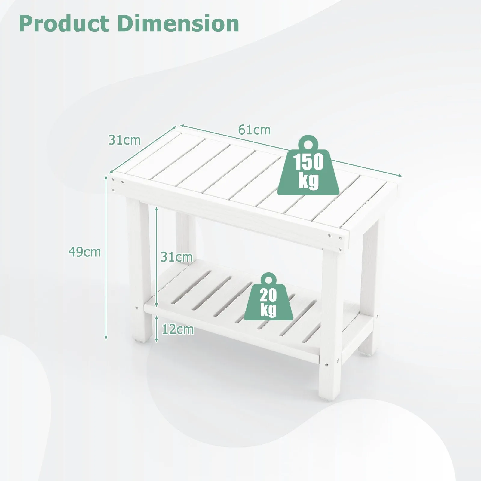 2-Tier Waterproof HDPE Bathroom Shower Stool with Storage Shelf-White