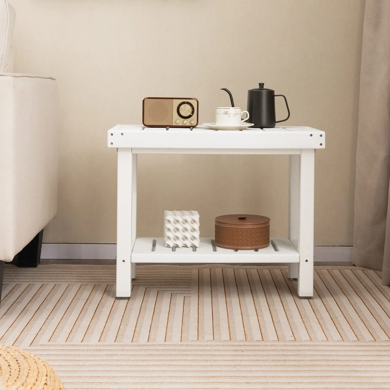 2-Tier Waterproof HDPE Bathroom Shower Stool with Storage Shelf-White