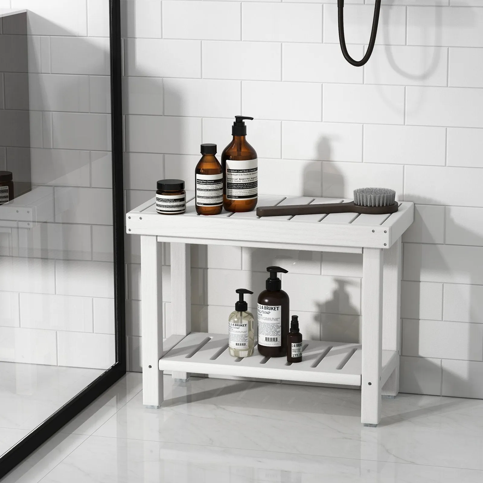 2-Tier Waterproof HDPE Bathroom Shower Stool with Storage Shelf-White