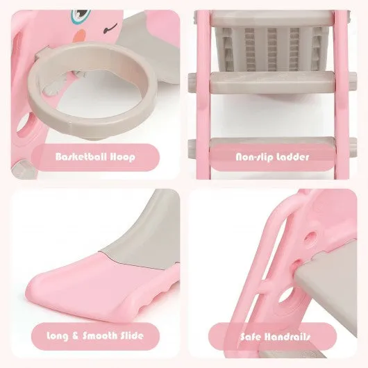 3 in 1 Kids Slide Baby Play Climber Slide Set with Basketball Hoop -Pink