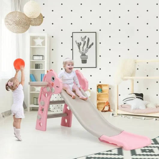 3 in 1 Kids Slide Baby Play Climber Slide Set with Basketball Hoop -Pink