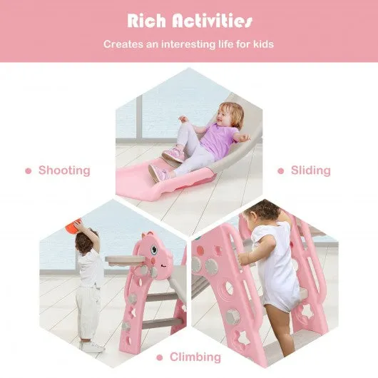 3 in 1 Kids Slide Baby Play Climber Slide Set with Basketball Hoop -Pink