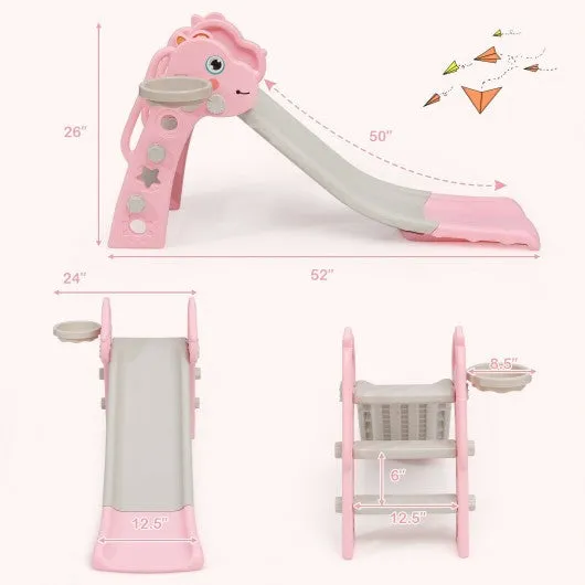 3 in 1 Kids Slide Baby Play Climber Slide Set with Basketball Hoop -Pink