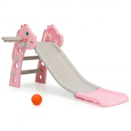 3 in 1 Kids Slide Baby Play Climber Slide Set with Basketball Hoop -Pink