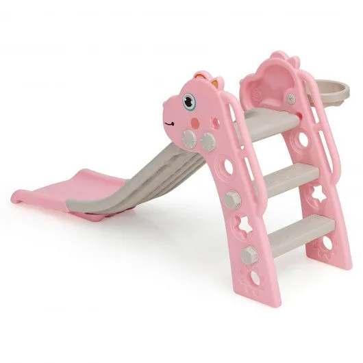 3 in 1 Kids Slide Baby Play Climber Slide Set with Basketball Hoop -Pink