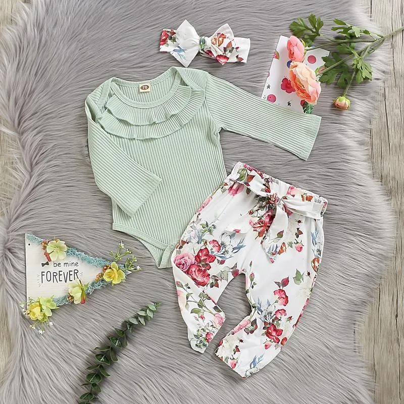 3-piece Solid Bodysuit & Floral Printed Pants & Headband for Baby Girl