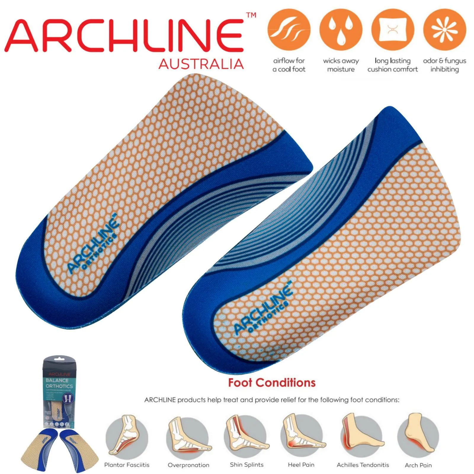 ARCHLINE 3/4 Slim Orthotics Plantar Fasciitis Insoles Balance Support Relief - EUR 45