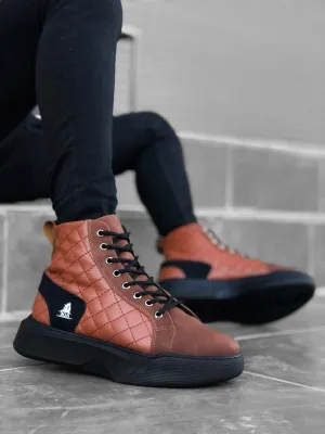 BA0159 Lace-up Dark Tan Quilted Men's High-Sole Sports Boots