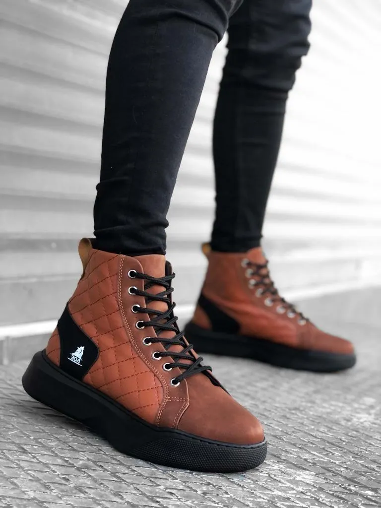 BA0159 Lace-up Dark Tan Quilted Men's High-Sole Sports Boots