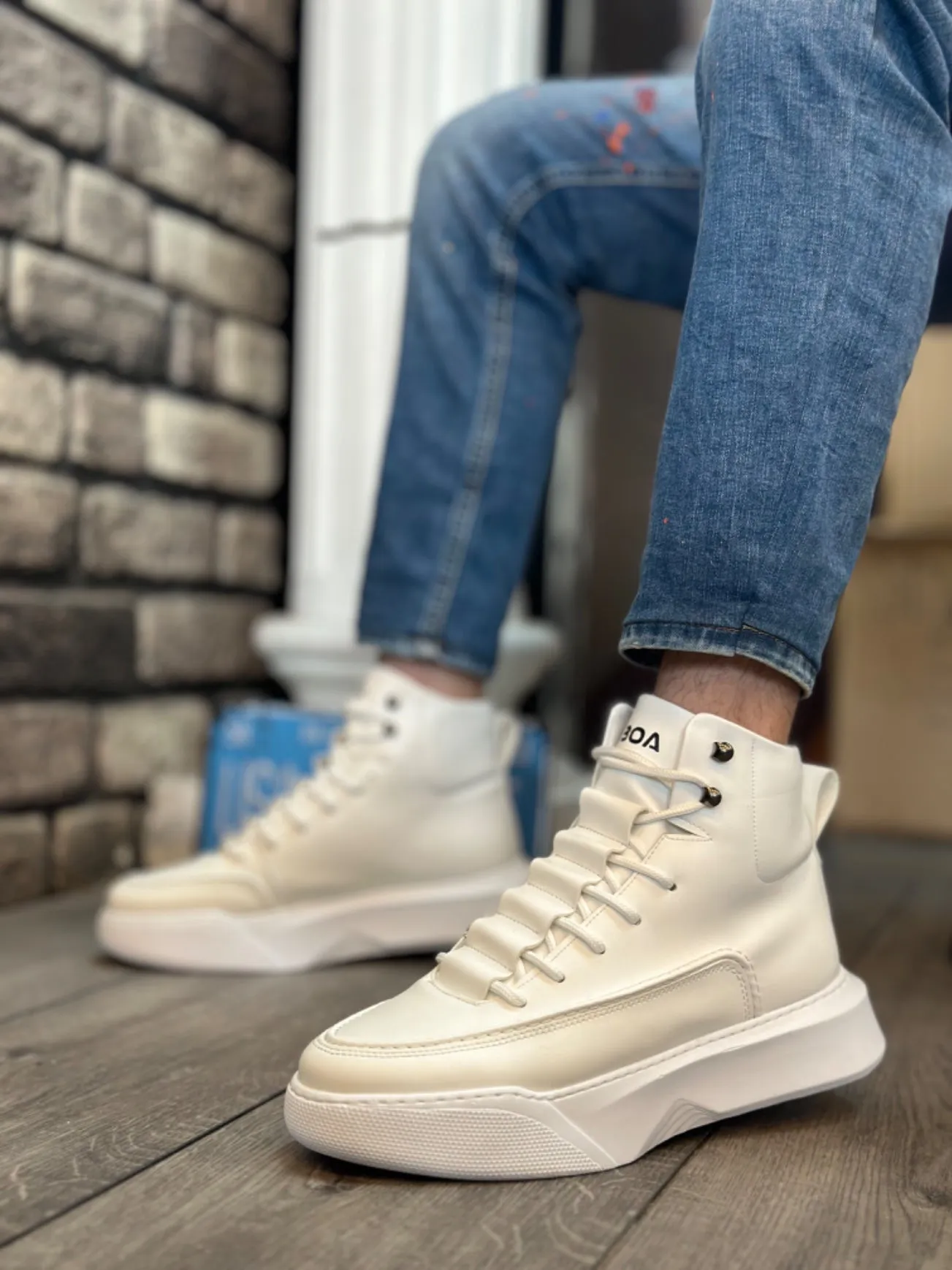 BA0321 Hidden Lace Men's High Sole White Sports Boots