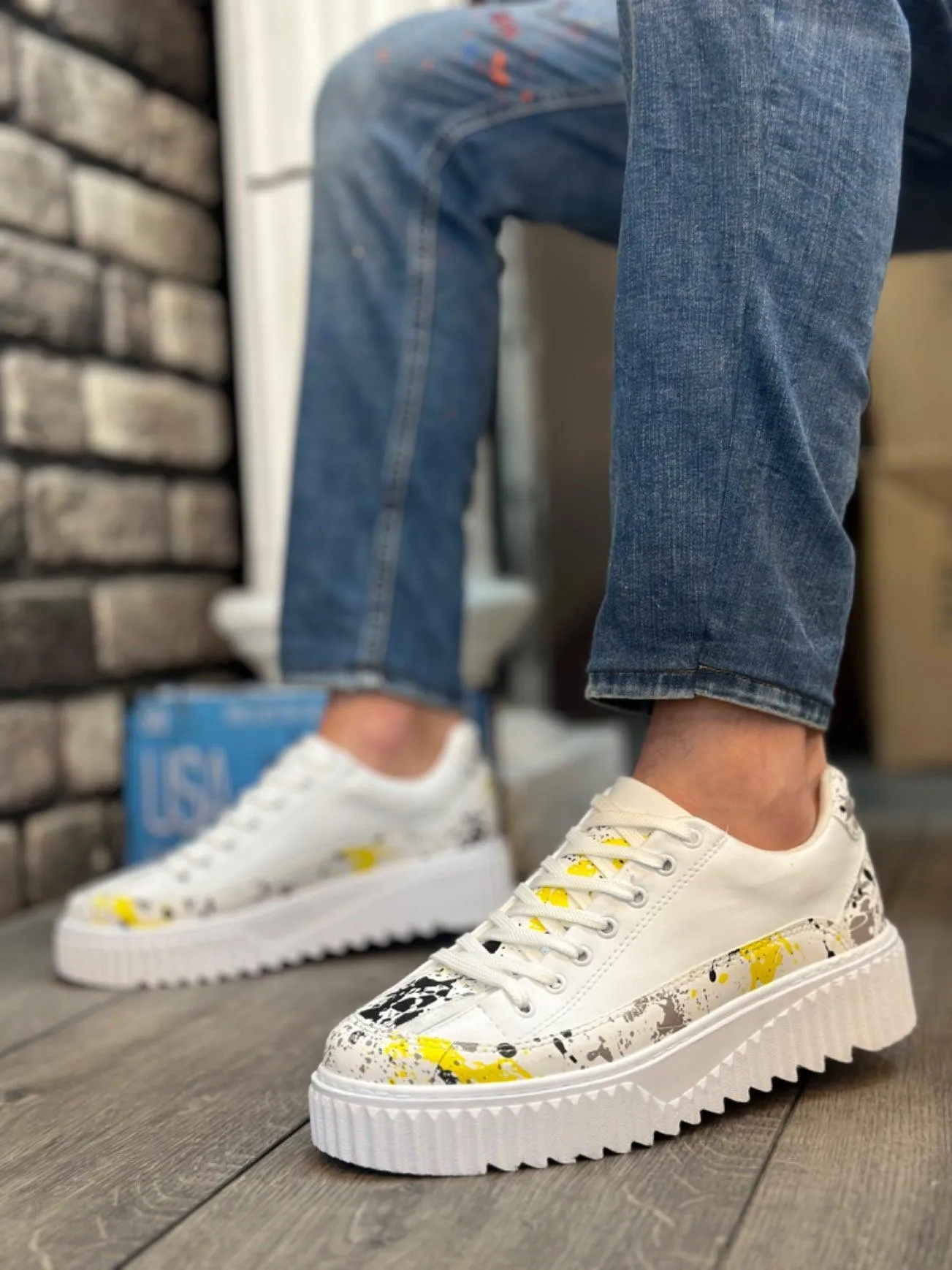 BA0801 High Sole Yellow Black Patterned Men's Sports Shoes