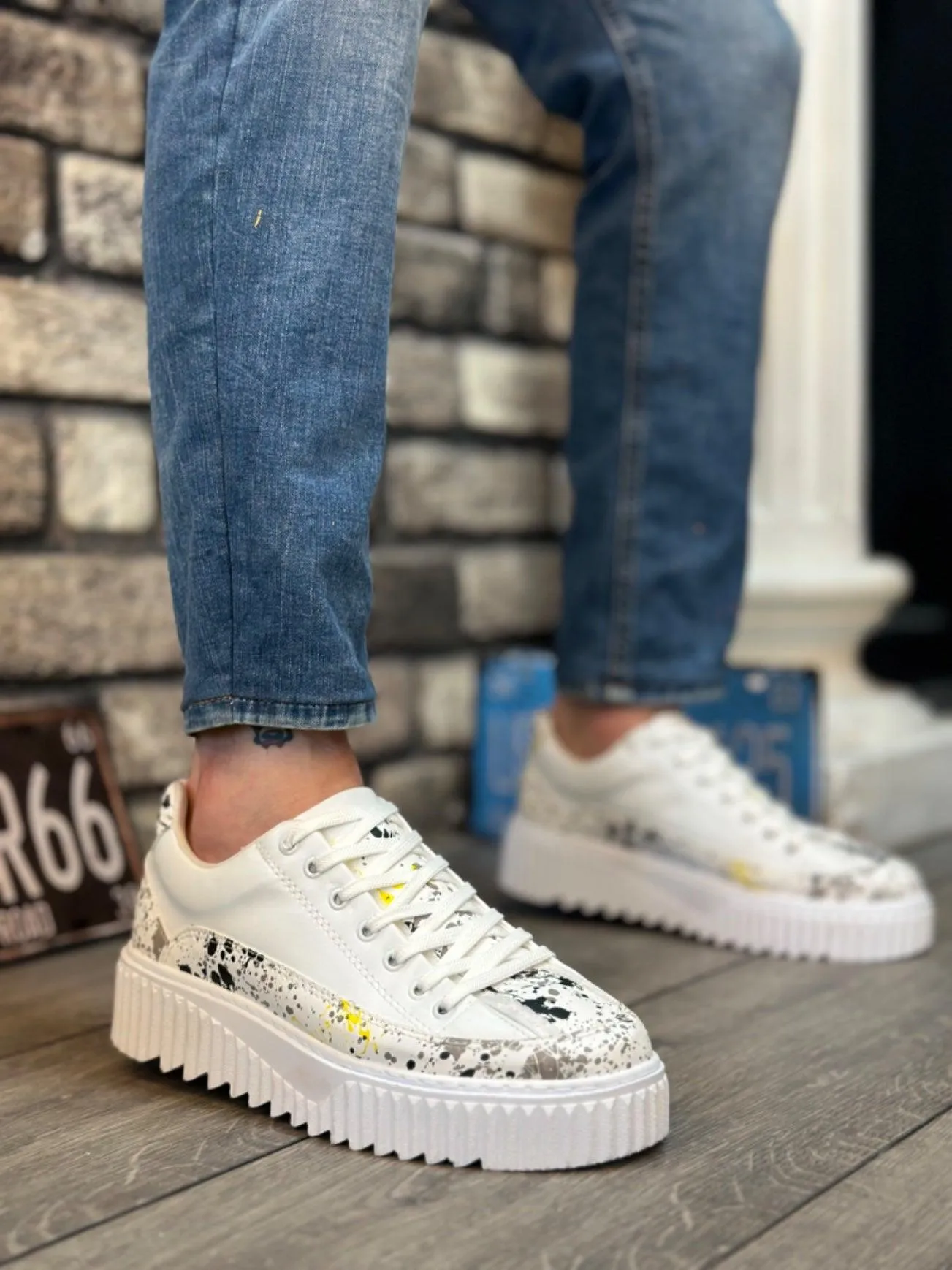 BA0801 High Sole Yellow Black Patterned Men's Sports Shoes