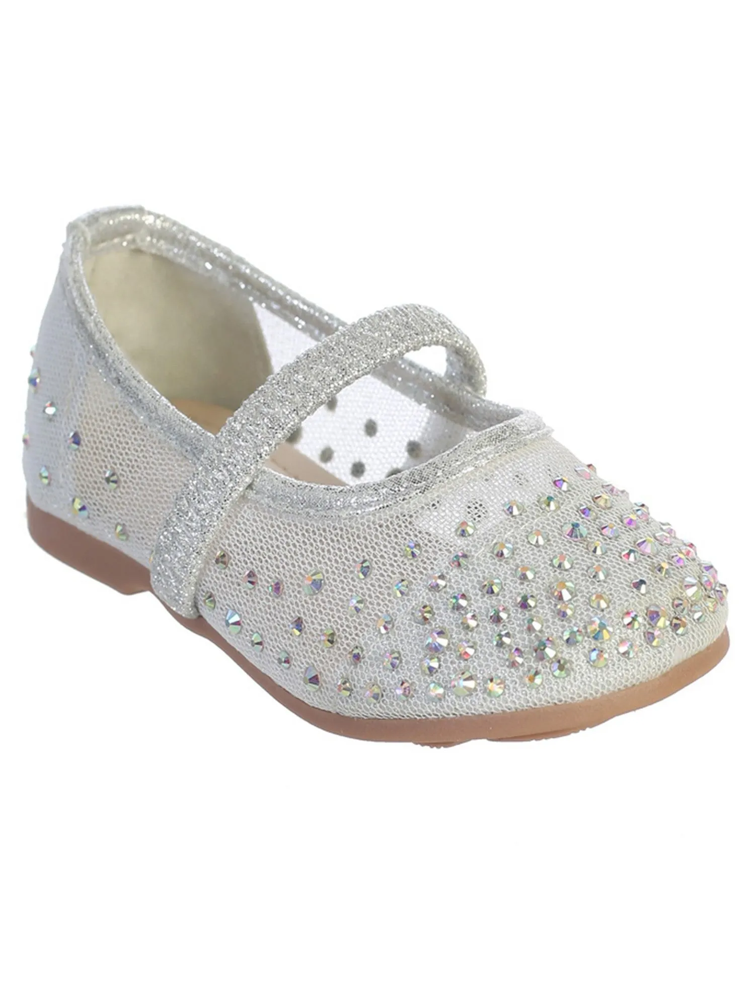 Baby Girls Silver Rhinestone Elastic Strap Mesh Ballet Flats 1-4 Baby