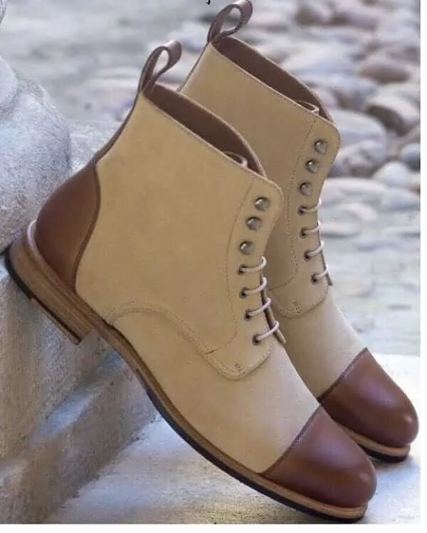 Bespoke Beige & Brown Leather Ankle Cap Toe Lace Up Oxford Men's Boot