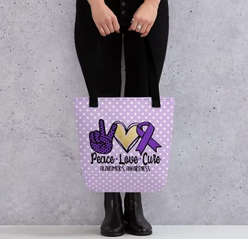 Brain Health and Alzheimer's Awareness Tote Bag Peace Love Cure Purple Polka Dot Custom Design Size 15" x 15"