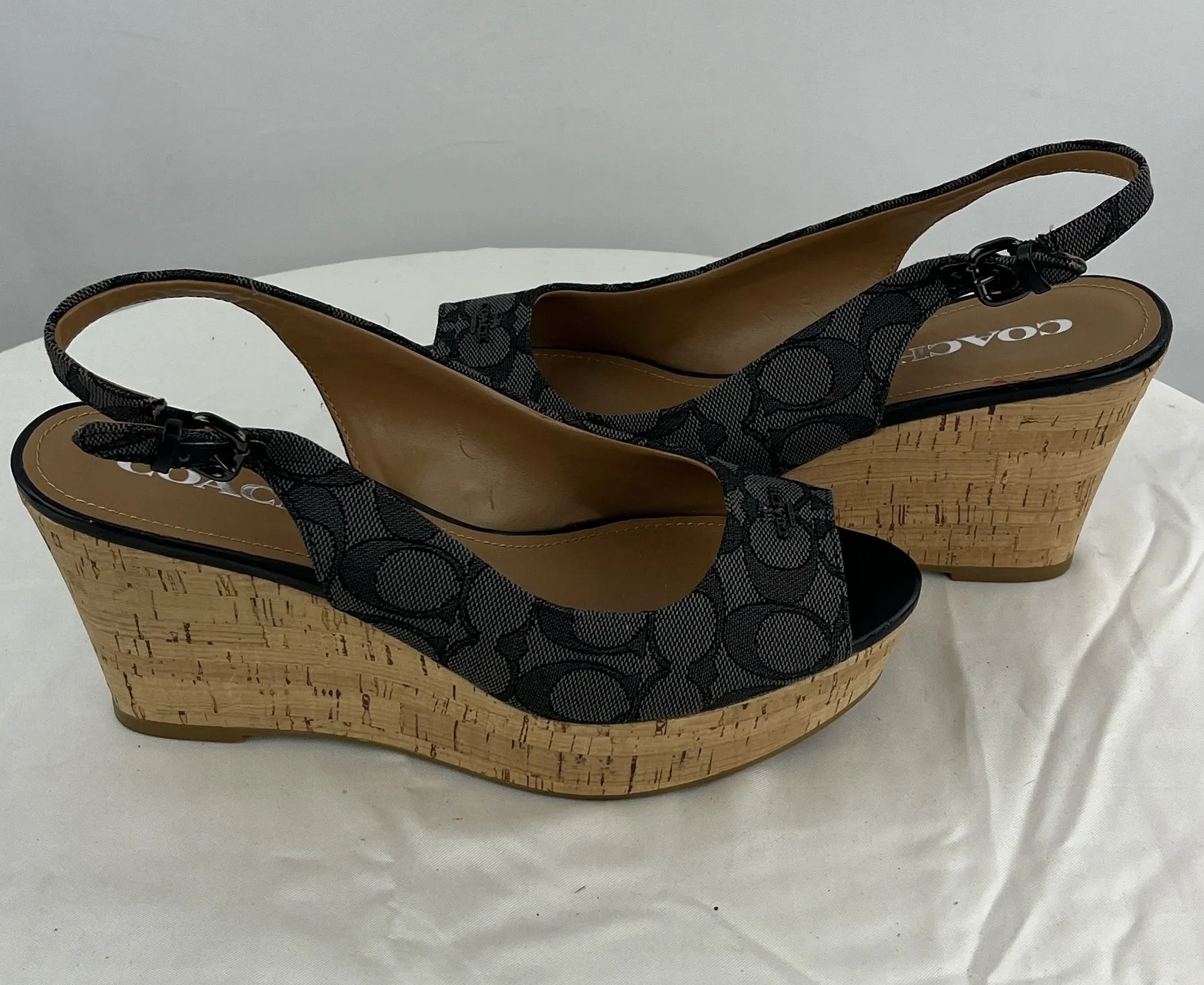 COACH 10 Grey Signature Open Toe Slingback Cork Platform Wedge Sandals 8.5B
