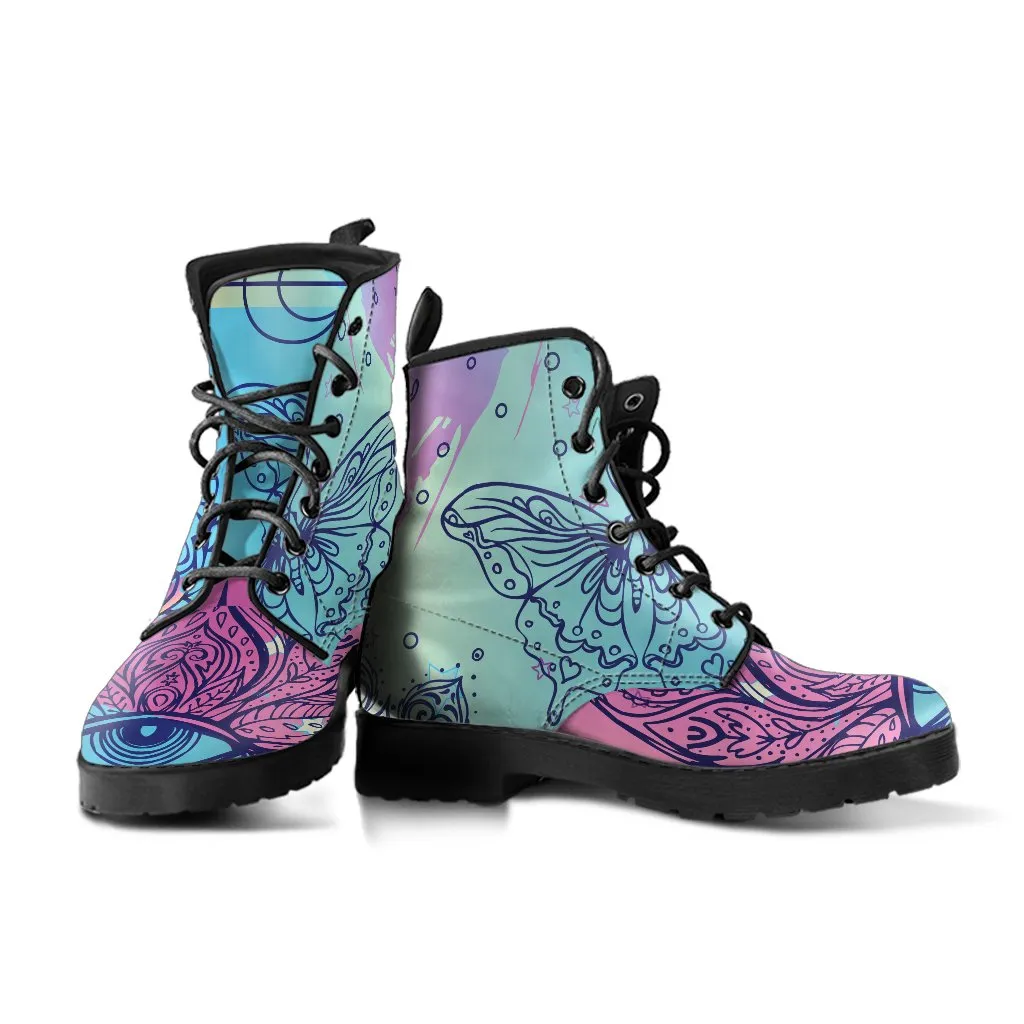 Combat Boots - Pastel Art | Purple Boots for Women, Boho Shoes, Goth Boots, Gothic Boots, Handmade Lace Up Boots, Vegan Leather Lace Up Boots Women