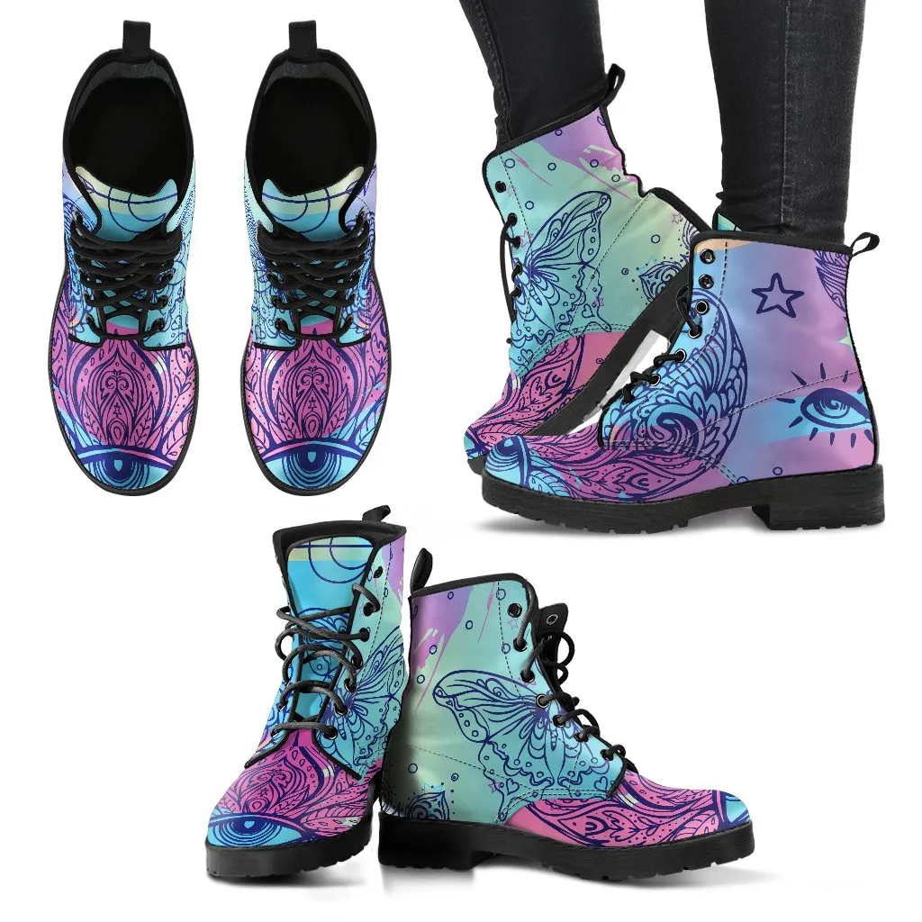 Combat Boots - Pastel Art | Purple Boots for Women, Boho Shoes, Goth Boots, Gothic Boots, Handmade Lace Up Boots, Vegan Leather Lace Up Boots Women