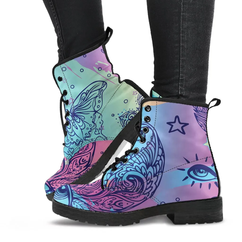 Combat Boots - Pastel Art | Purple Boots for Women, Boho Shoes, Goth Boots, Gothic Boots, Handmade Lace Up Boots, Vegan Leather Lace Up Boots Women