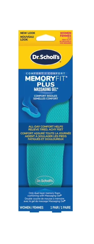 Dr. Scholl's® Memory Fit® Plus Massaging Gel® Comfort Insoles, Memory Foam & Gel, All-day Comfort, Arch Support, Distributes Pressure, Shock Absorbing, Trim Insert to Fit Shoe, Women Size 6-10, 1 Pair