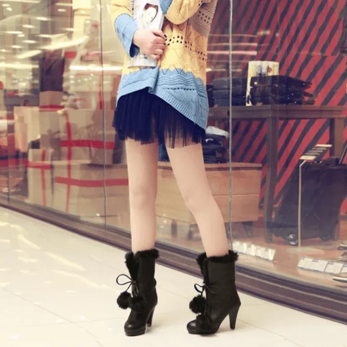 Fur Leather Lace Up High Heel Calf Boots