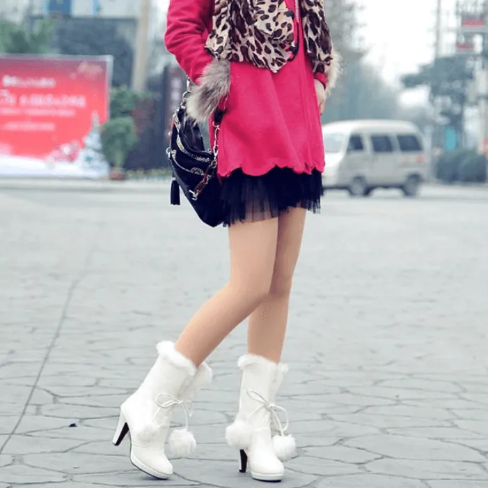 Fur Leather Lace Up High Heel Calf Boots