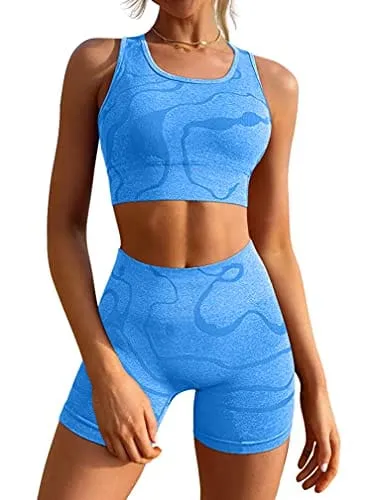 GXIN Women's Workout 2 Piece Outfits High Waist Running Shorts Seamless Gym Yoga Sports Bra Blue