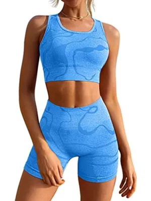 GXIN Women's Workout 2 Piece Outfits High Waist Running Shorts Seamless Gym Yoga Sports Bra Blue
