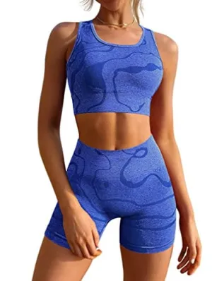 GXIN Women's Workout 2 Piece Outfits High Waist Running Shorts Seamless Gym Yoga Sports Bra Darkblue