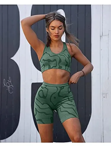GXIN Women's Workout 2 Piece Outfits High Waist Running Shorts Seamless Gym Yoga Sports Bra Darkgreen