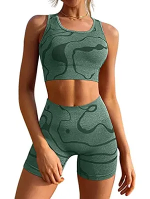 GXIN Women's Workout 2 Piece Outfits High Waist Running Shorts Seamless Gym Yoga Sports Bra Darkgreen
