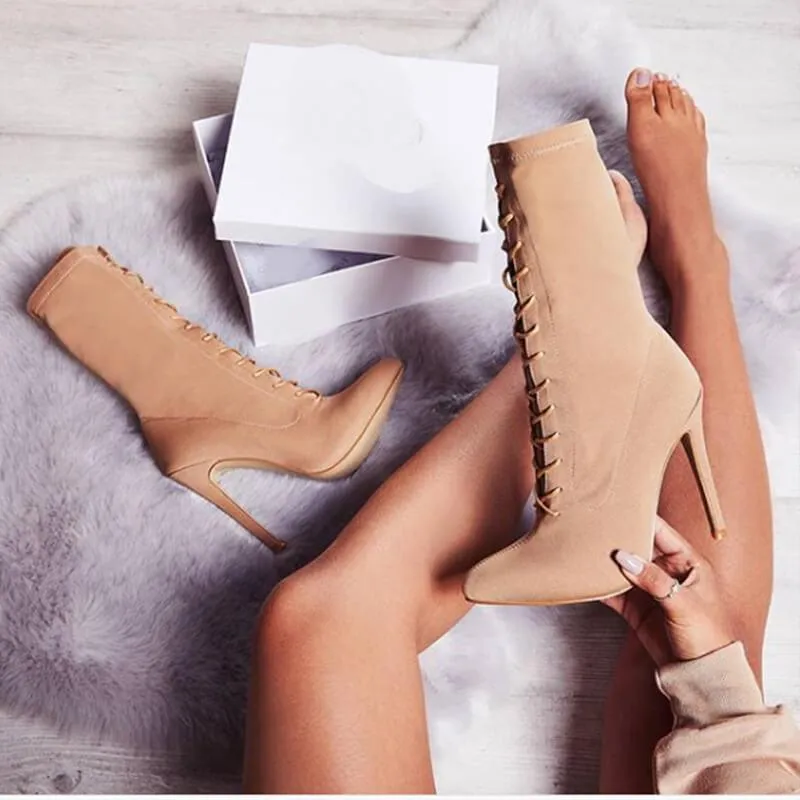 Leather Lace Up High Heel Pointed Toe Calf Boots