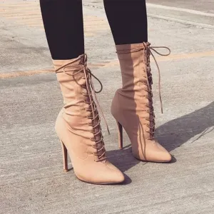 Leather Lace Up High Heel Pointed Toe Calf Boots