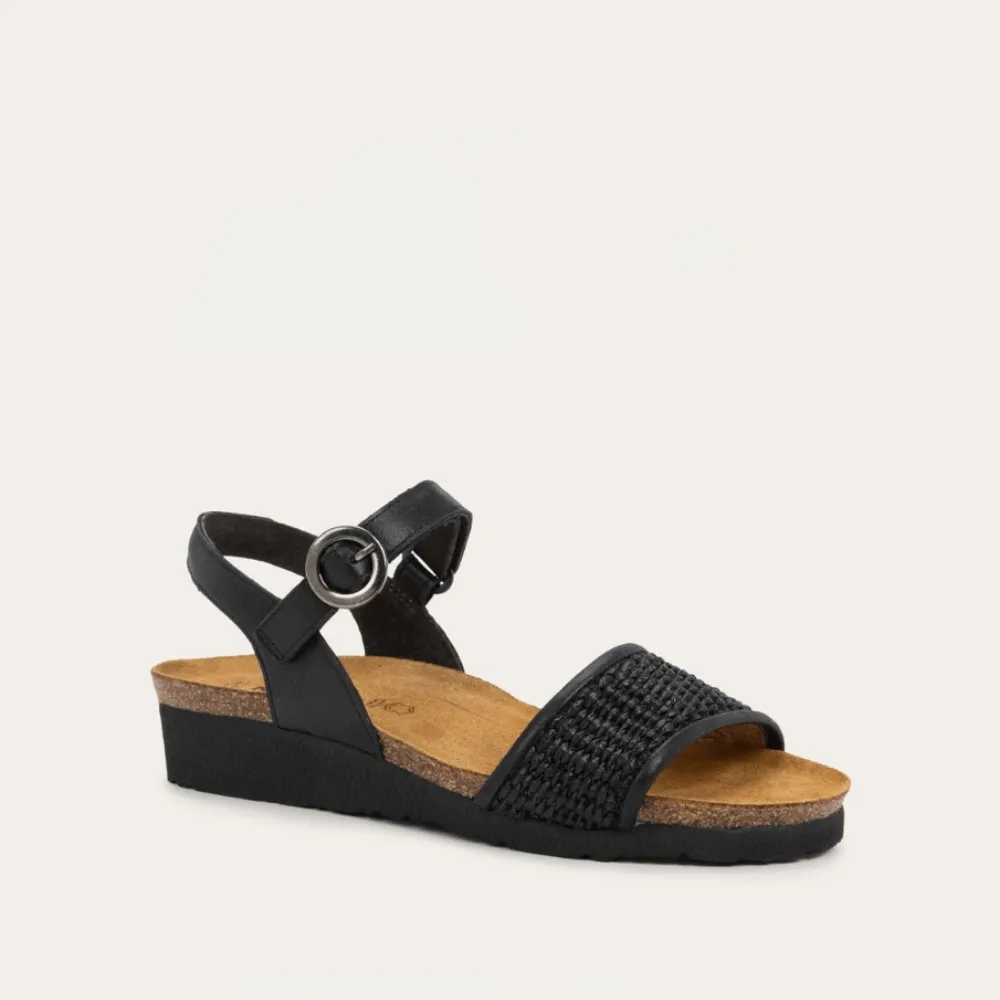 NAOT Cecile Sandal - Shiny Black Leather/Black Raffia