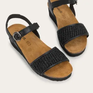 NAOT Cecile Sandal - Shiny Black Leather/Black Raffia