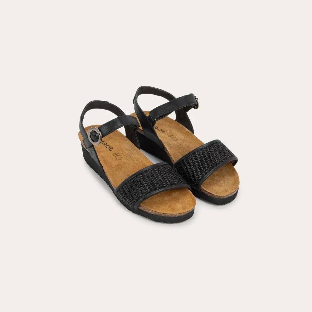 NAOT Cecile Sandal - Shiny Black Leather/Black Raffia