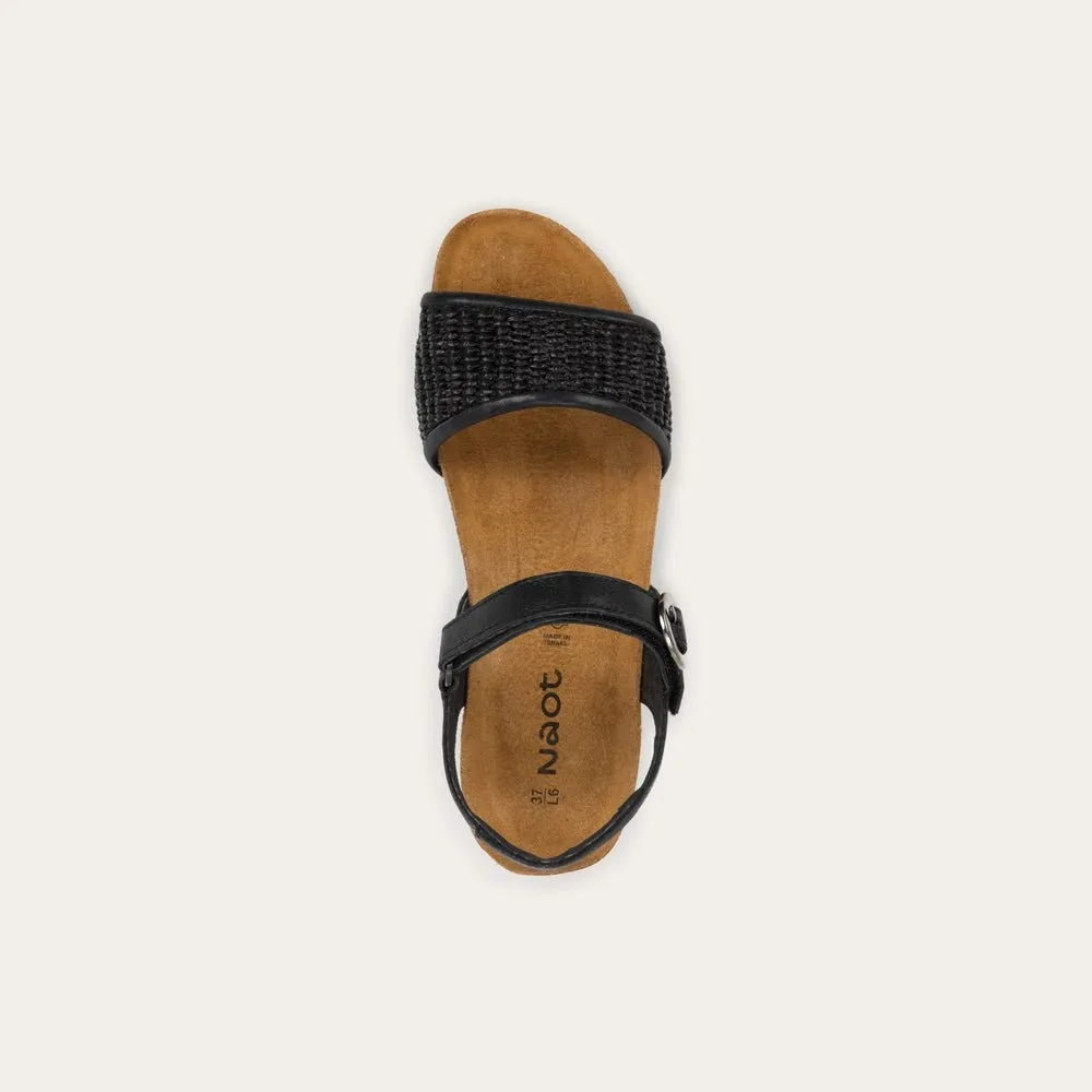 NAOT Cecile Sandal - Shiny Black Leather/Black Raffia