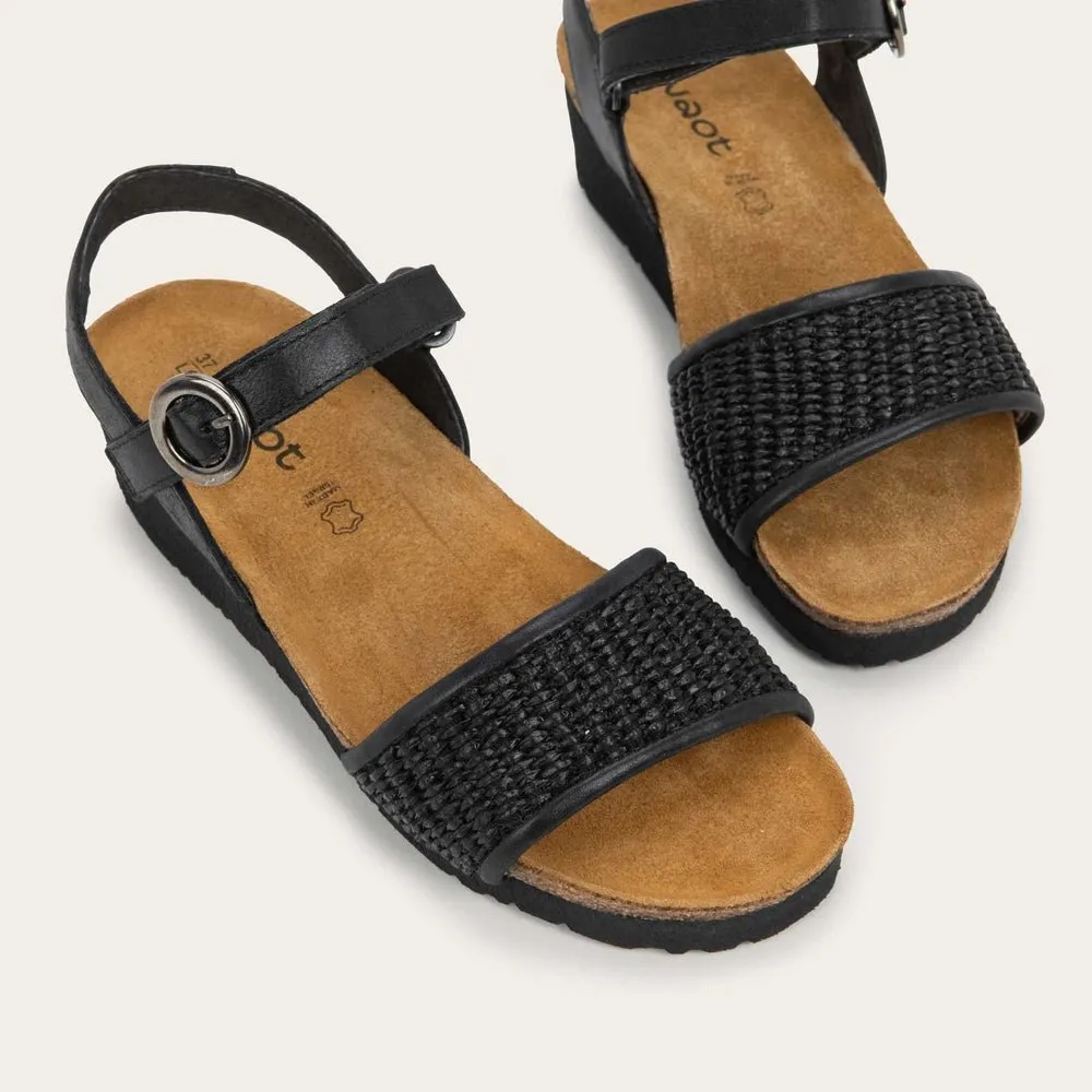 NAOT Cecile Sandal - Shiny Black Leather/Black Raffia
