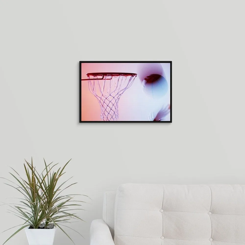 "Blurred view of basketball going into hoop" Black Float Frame Canvas Art