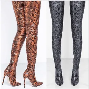 Snakeskin Cutout Chain Heel Thigh High Knee High Boots