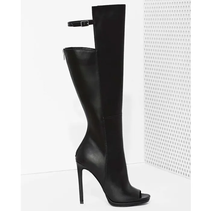 Snakeskin Cutout Chain Heel Thigh High Knee High Boots