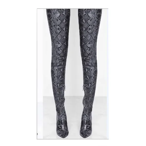 Snakeskin Cutout Chain Heel Thigh High Knee High Boots