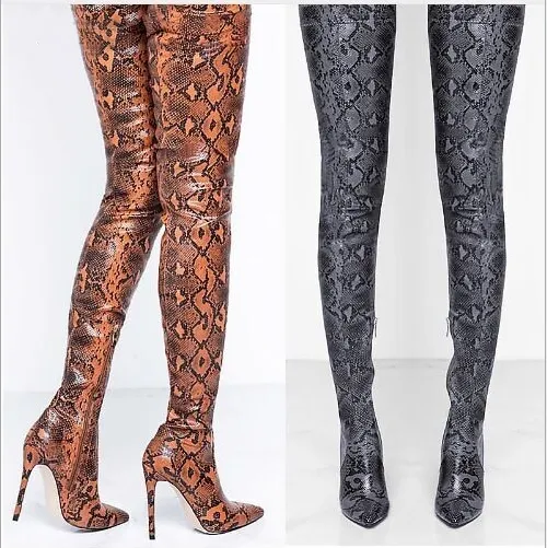 Snakeskin Cutout Chain Heel Thigh High Knee High Boots